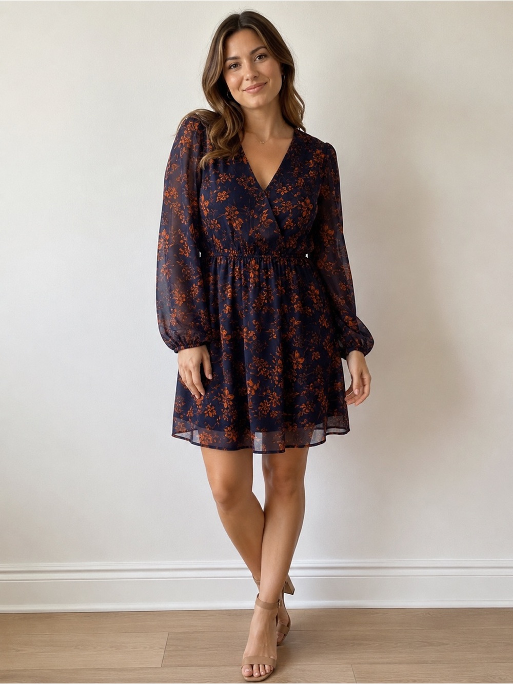 Floral Long-Sleeve V-Neck Navy and Rust Mini Dress